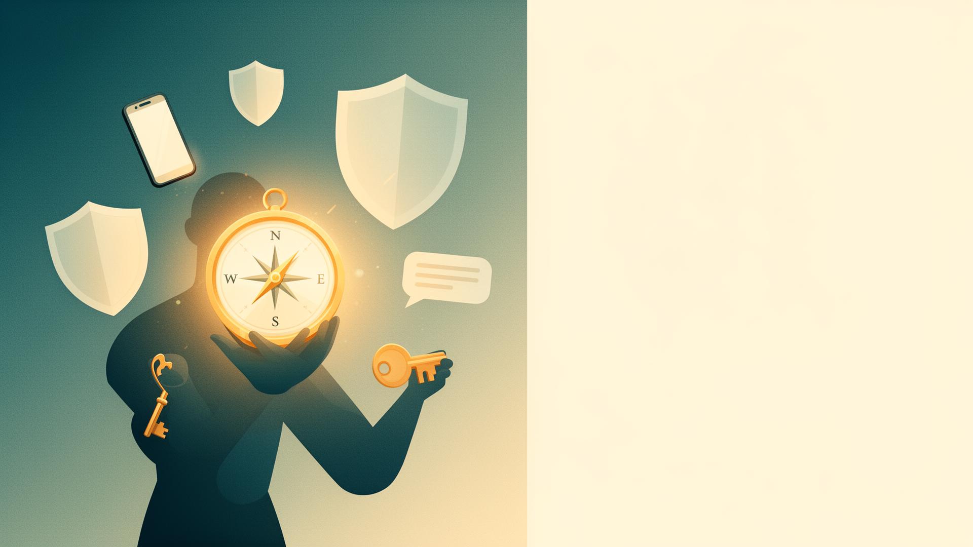 A calm illustration of a person holding a glowing compass surrounded by soft protective shields, a phone, a key and a chat bubble — representing safe, supported help online.